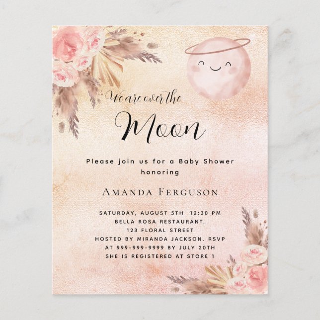 Moon pampas blush budget baby shower invitation (Front)