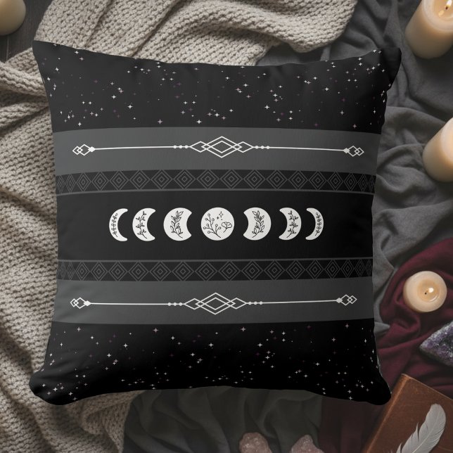 Moon Phase Lunar Cycle Black Night Celestial Cushion (Embrace the cosmic rhythm with this captivating Moon Phase Celestial Throw Pillow)