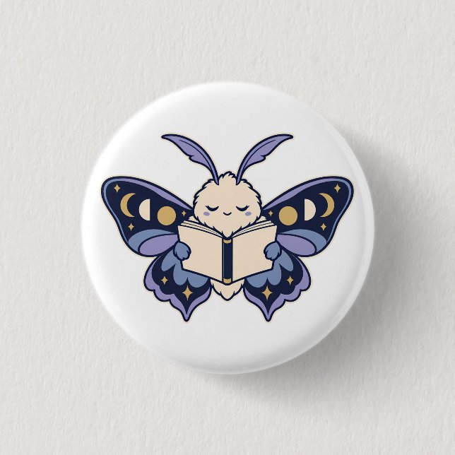 Moon Phase Moth Reading Book Button (Front)