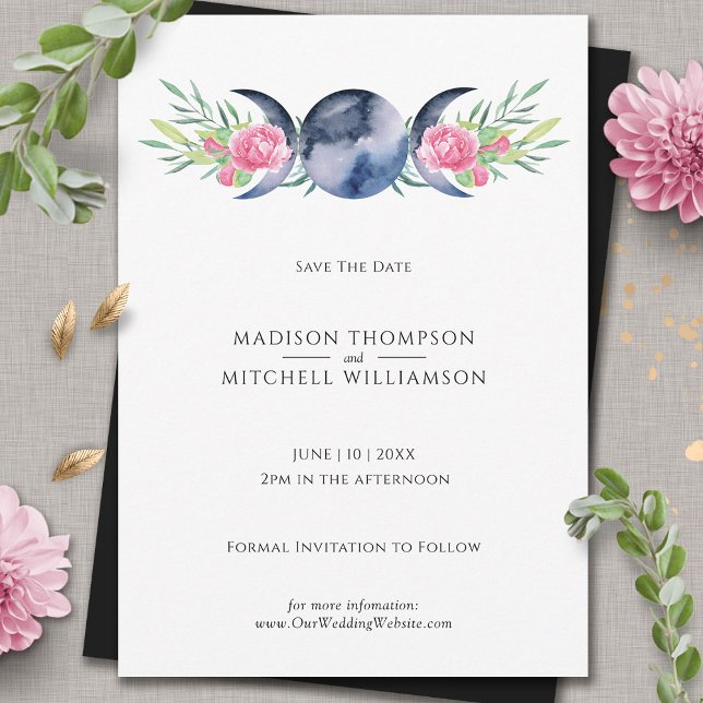 Moon Phase Pink Floral Metaphysical Wedding Save The Date (Creator Uploaded)