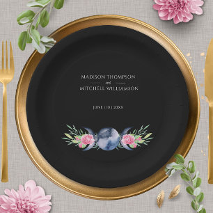 Moon Phase Pink Roses Floral Metaphysical Wedding Paper Plate