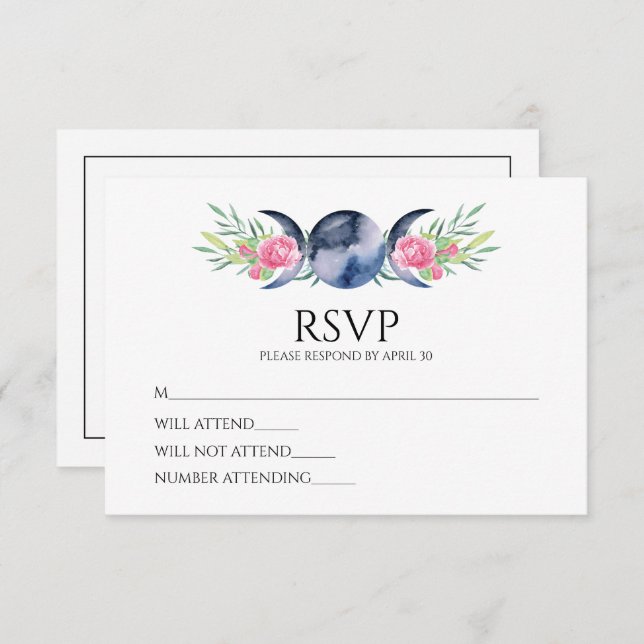 Moon Phase Pink Roses Floral Metaphysical Wedding  RSVP Card (Front/Back)