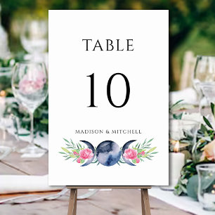 Moon Phase Pink Roses Floral Metaphysical Wedding Table Number