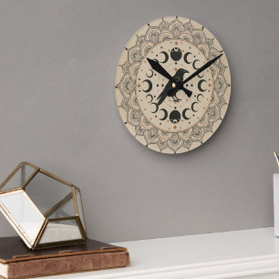 Moon Phase Raven Mandala Round Clock