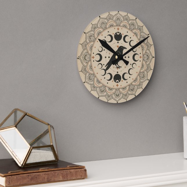 Moon Phase Raven Mandala Round Clock (Celestial raven wall clock)