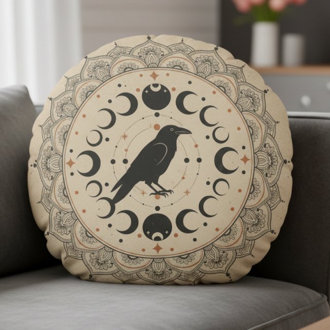 Moon Phase Raven Mandala Round Cushion (Celestial Raven Pillow)