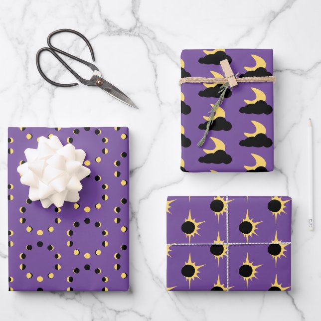 Moon phases and eclipses simple celestial purple wrapping paper sheet (Front)