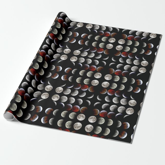 Moon Phases Black Pagan Wiccan Holiday Esbat Wrapping Paper (Unrolled)