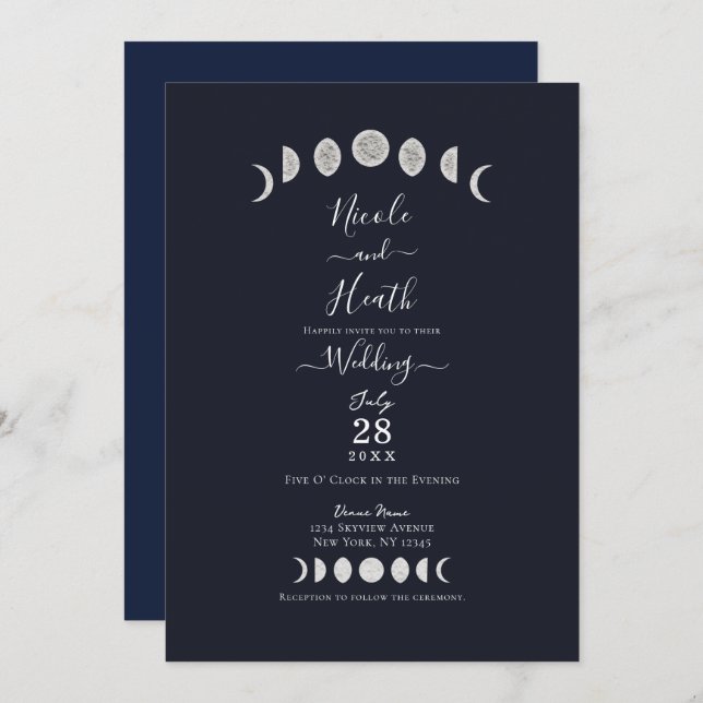 Moon Phases Blue Astrology Celestial Wedding  Invitation (Front/Back)