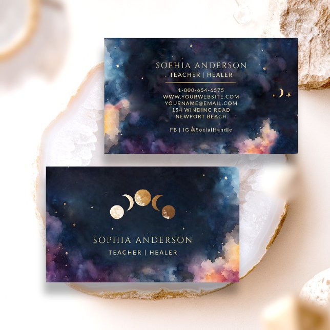 Moon Phases Celestial Navy Healing Arts Coach Chic Business Card (elegant business card celestial cosmic galaxy moon phases yoga well being healing tarot astrology)