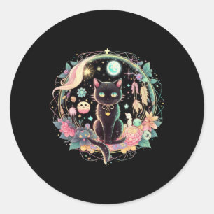 Moon Phases Crystal Witchy Cute Black Cat Kawaii P Classic Round Sticker