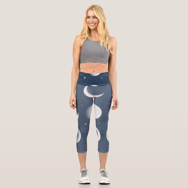 Moon Phases Grid Celestial Pattern Design Capri Leggings (Front)
