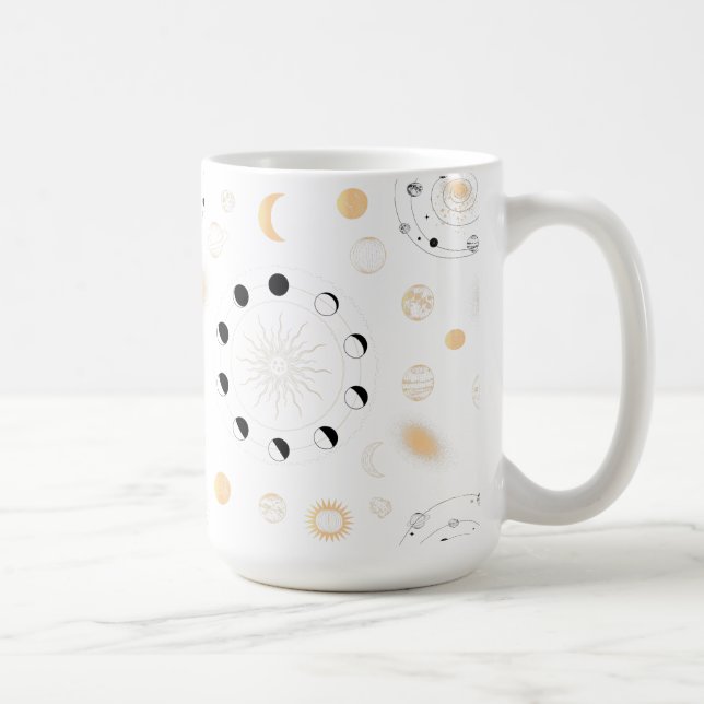 Moon phases planets orbit gold black white coffee mug (Right)