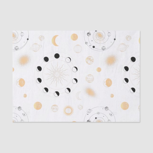 Moon phases planets orbit gold black white tissue paper (Front)