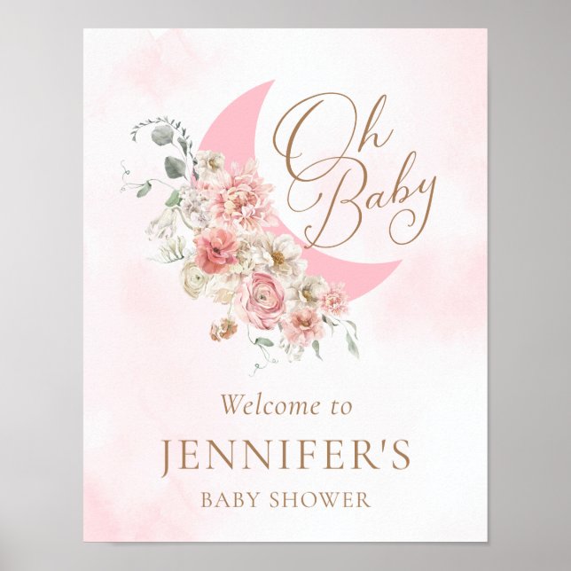 Moon Pink Girl Baby Shower Welcome Poster (Front)