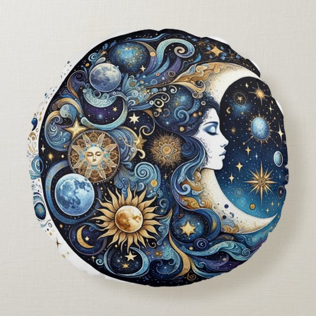 Moon,Planets,Stars and a Celestial Women Round Cushion (Front)