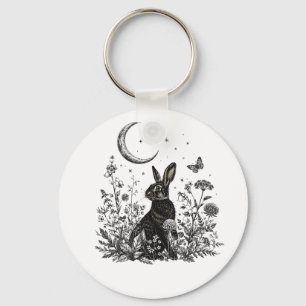 Moon Rabbit Cottagecore Botanical Hare Key Ring