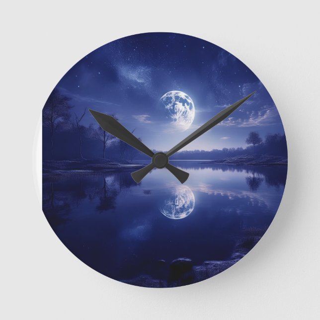 Moon Reflecting Onto Lake Surface  Round Clock (Front)