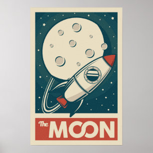 Moon Retro Galaxy Rocket Poster