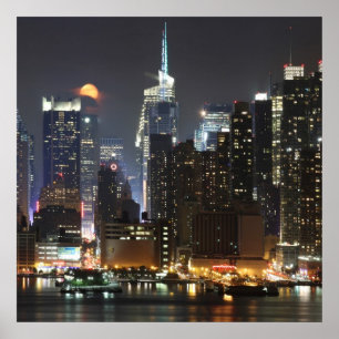 Moon rises over midtown New York. Poster