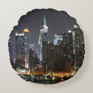 Moon rises over midtown New York. Round Cushion