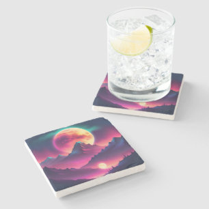 moon rising between the mountains stone coaster
