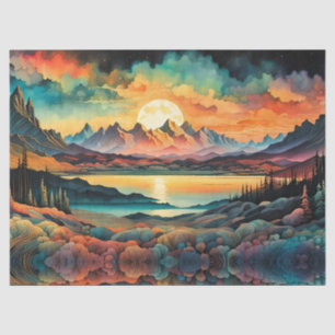Moon Rising Over Mountains, Retro Colour Design Tissue Paper