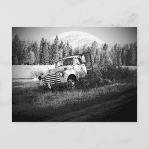 Moon Rising Over Old Farm Truck Postcard
