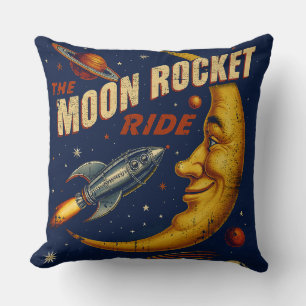Moon Rocket Ride Vintage Pillow
