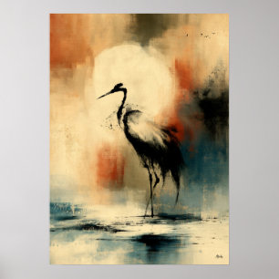 Moon Sagi Japanese Sumi-E Abstract Heron Wall Art