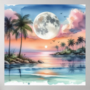 Moon set above sea and tropical island watercolor  poster