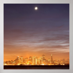 Moon setting over San Francisco on hazy December Poster