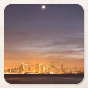 Moon setting over San Francisco on hazy December Square Paper Coaster
