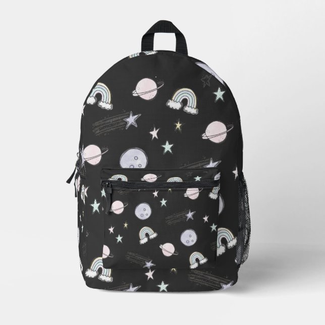  Moon Shooting Star Planet Rainbow Cute Black Printed Backpack (Front)