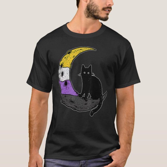 Moon Space Cat Lgbt Pride With Nb Non Binary Flag T-Shirt (Front)