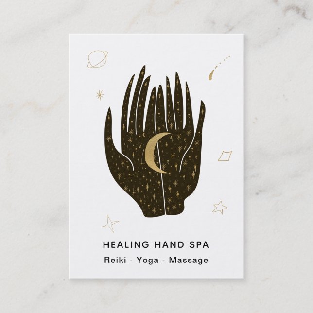 *~* Moon Space Stars Celestial Gold Healing Hands Business Card (Front)