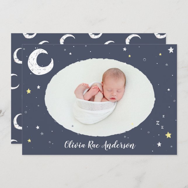 Moon, star and cloud cute photo birth announcement (Front/Back)