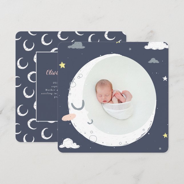 Moon, star and cloud cute photo birth announcement (Front/Back)