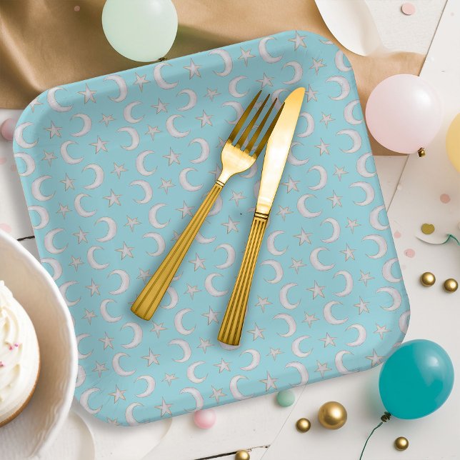 Moon Star Aqua Storybook Illustration Baby Shower Paper Plate (Creator Uploaded)