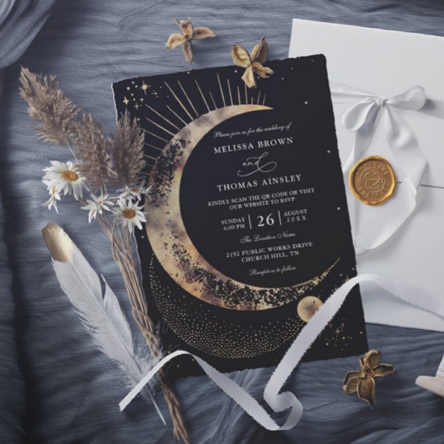 Moon Starry Night Boho Budget QR Code Wedding Invitation (Creator Uploaded)