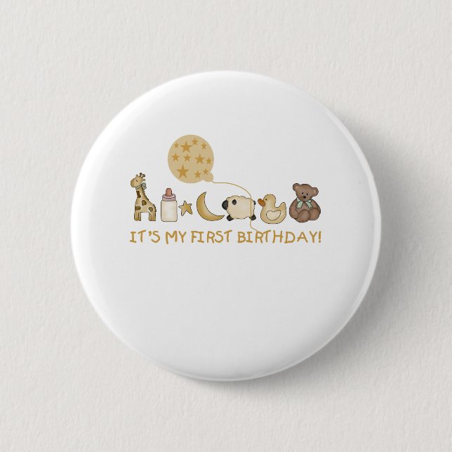 Moon,Stars, and Animals First Birthday 6 Cm Round Badge (Front)