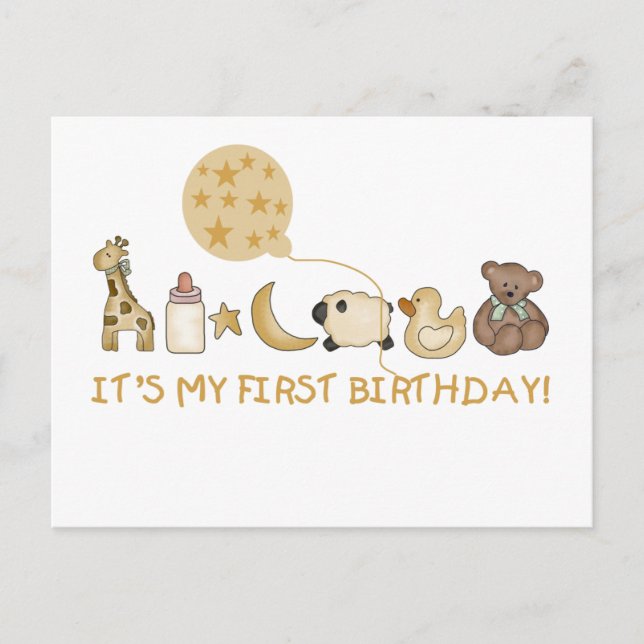 Moon,Stars, and Animals First Birthday Postcard (Front)