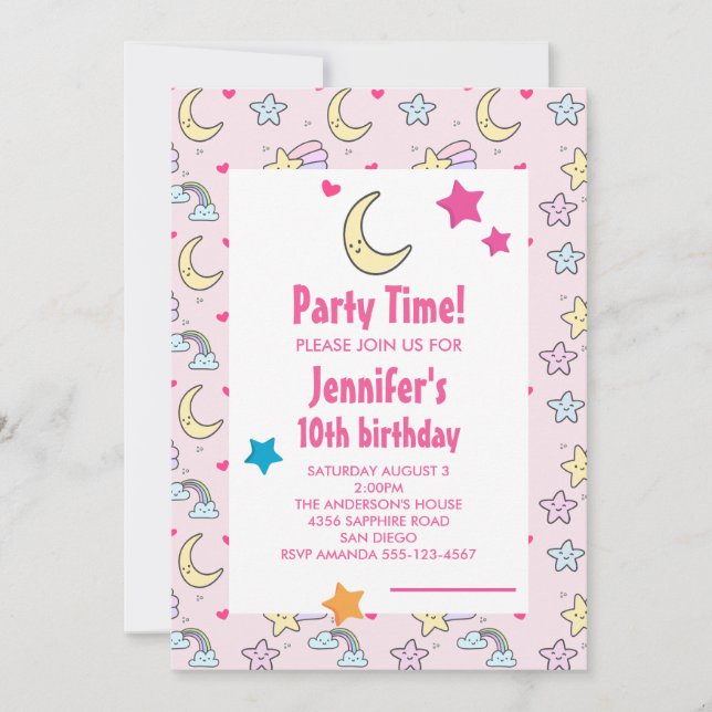 Moon, Stars and Clouds Pattern Birthday Party Invitation (Front)