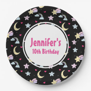Moon, Stars and Clouds Pattern on Black Birthday Paper Plate