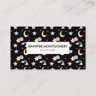 Moon, Stars and Clouds Pattern on Black Business Card