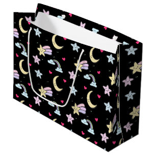 Moon, Stars and Clouds Pattern on Black Large Gift Bag