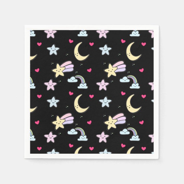 Moon, Stars and Clouds Pattern on Black Napkin (Front)