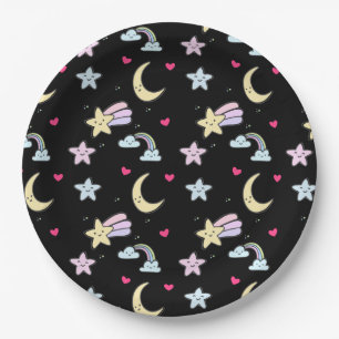 Moon, Stars and Clouds Pattern on Black Paper Plate