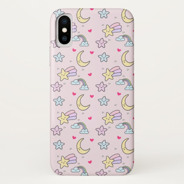 Moon, Stars and Clouds Pattern on Pastel Pink Case-Mate iPhone Case (Back)