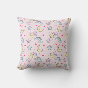 Moon, Stars and Clouds Pattern on Pastel Pink Cushion